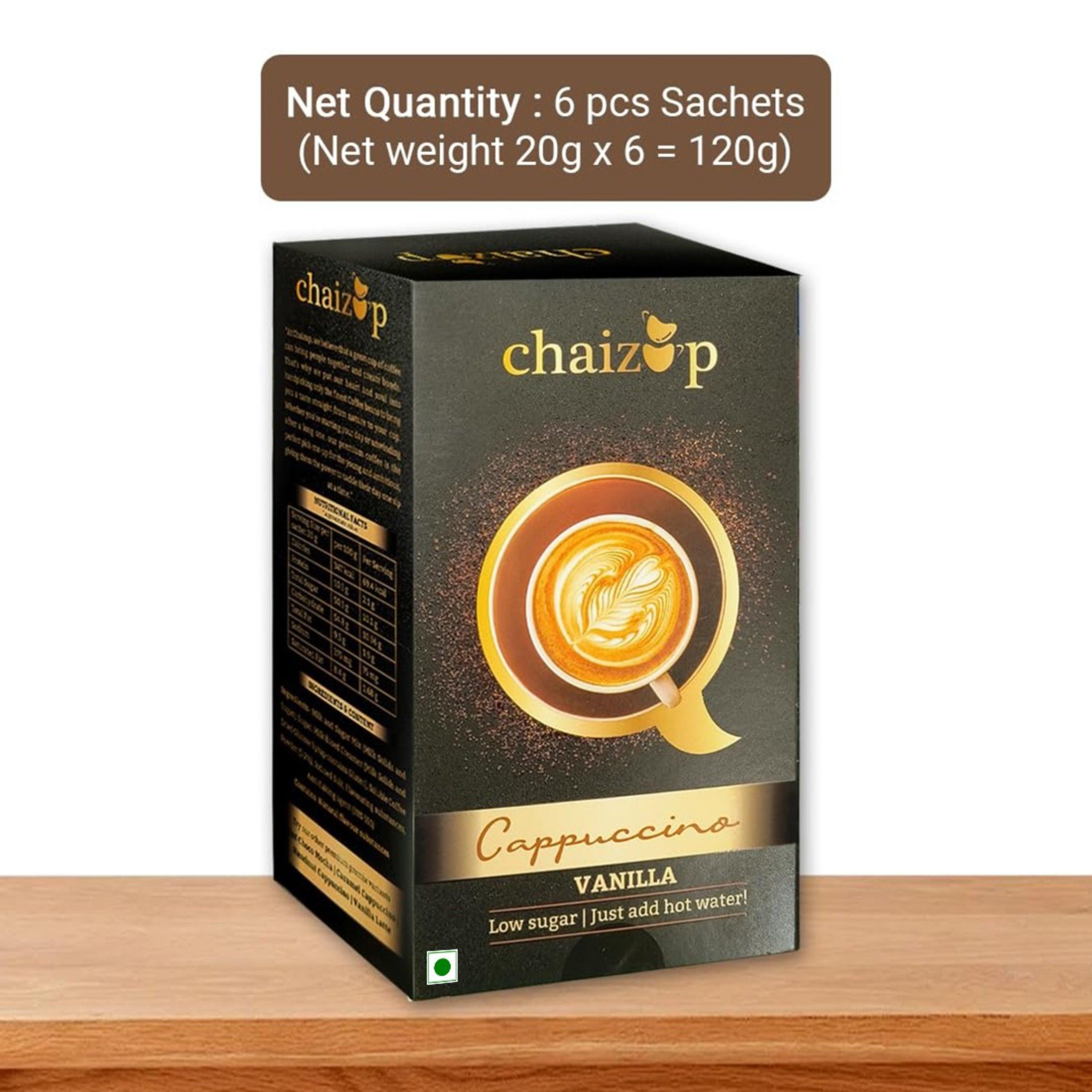 Chaizup Premium 1 Min Instant Assorted Coffee Pack - 12 Sachets | Cappuccino & Vanilla Flavours | 12 Servings | 2 Packs (6 Sachets Each) | 240g